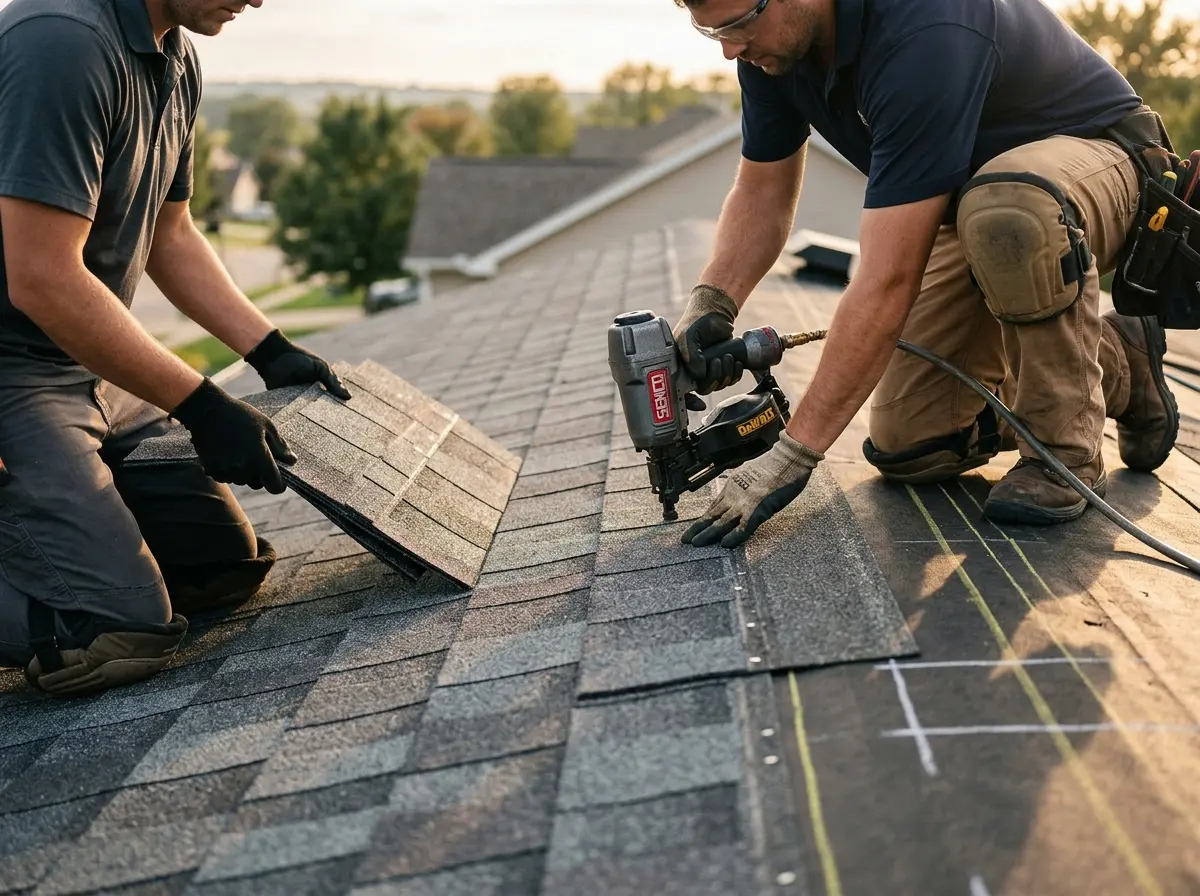 Professional roofer working on a residential roof in Perinton